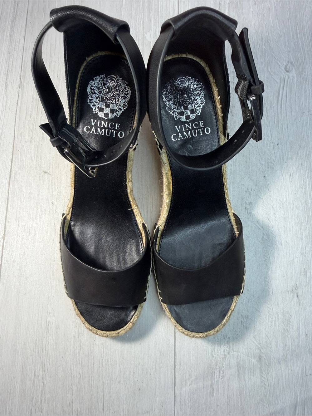 Vince Camuto Black Leather Espadrille Wedge Sandal with Ankle Strap - Picture 3 of 15